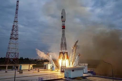 In this image made from video released by Roscosmos State Space Corporation, the Soyuz-2.1b rocket with the moon lander Luna-25 automatic station takes off from a launch pad at the Vostochny Cosmodrome in the Russian Far East on Friday, Aug. 11, 2023. The failure of the robotic Luna-25 probe, which crashed onto the surface of the moon over the weekend, reflects the endemic problems that have dogged the Russian space industry since the 1991 collapse of the Soviet Union. (Roscosmos State Space Cor