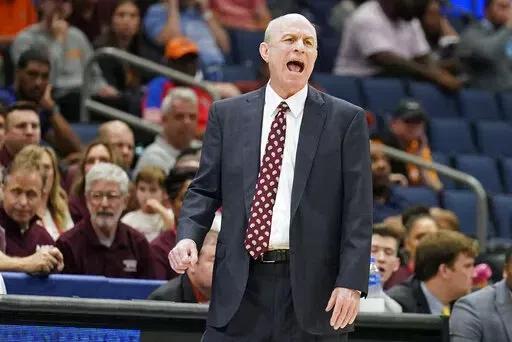 Mississippi State head coach Ben Howland shouts to players during the first half of an NCAA men's college basketball game against South Carolina at the Southeastern Conference tournament in Tampa, Fla., Thursday, March 10, 2022. (AP Photo/Chris O'Meara)