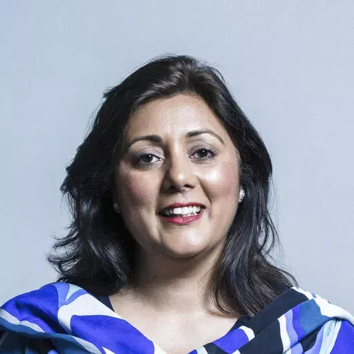 An official file portrait provided by Britain's Parliament of Conservative lawmaker Nusrat Ghani. Ghani, a former minister in Britain’s Conservative government says she was told that her Muslim faith was a reason she was fired. The claim has deepened the rifts roiling Prime Minister Boris Johnson’s governing party. (Chris McAndrew/UK Parliament via AP)
