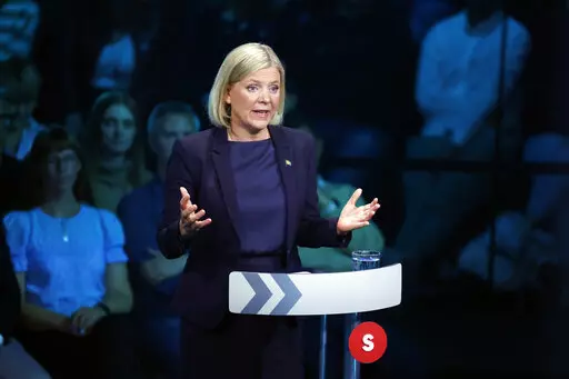Prime minister Magdalena Andersson, leader of the Social Democrats, takes part in a political debate broadcasted on TV4 from Eskilstuna, Sweden, Thursday Sept. 8, 2022. General elections will be held in Sweden on September 11. (Christine Olsson/TT via AP)