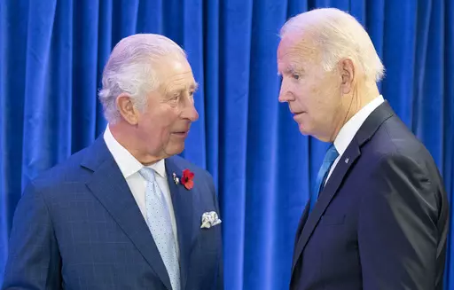 Britain's Prince Charles, left, greets the President of the United States Joe Biden ahead of their bilateral meeting during the Cop26 summit at the Scottish Event Campus (SEC) in Glasgow, Scotland, Nov. 2, 2021. Biden will spend four days in three nations next week as he travels through Europe tending to alliances that have been tested by Russia's invasion of Ukraine. His first stop is London, where he'll meet with King Charles III and Prime Minister Rishi Sunak. (Jane Barlow/Pool Photo via AP, 