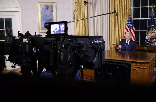President Joe Biden speaks from the Oval Office of the White House Thursday, Oct. 19, 2023, in Washington, about the war in Israel and Ukraine. (Jonathan Ernst/Pool via AP)