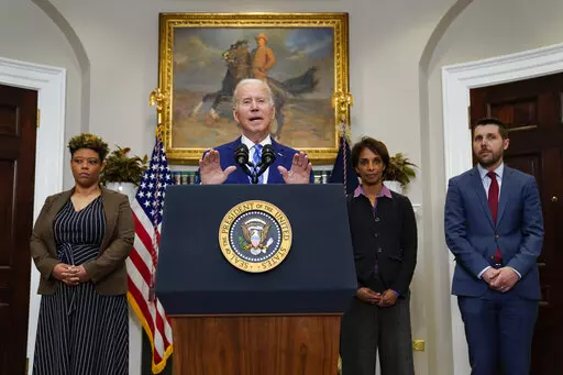 President Joe Biden speaks in the Roosevelt Room of the White House, Wednesday, May 4, 2022, in Washington. From left, Office of Management and Budget Director Shalanda Young, Biden, Cecilia Rouse, chair of the Council of Economic Advisers and Brian Deese, Assistant to the President and Director of the National Economic Council. (AP Photo/Evan Vucci)