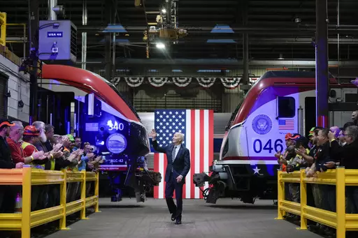 President Joe Biden arrives to speak at the Amtrak Bear Maintenance Facility, Monday, Nov. 6, 2023, in Bear, Del. (AP Photo/Andrew Harnik)