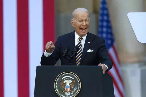 United States President Joe Biden addresses the public during an event at Vilnius University on the sidelines of a NATO summit in Vilnius, Lithuania, Wednesday, July 12, 2023. (AP Photo/Mindaugas Kulbis)