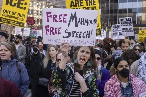 A protester chants during a demonstration in support of Palestinian activist Mahmoud Khalil, Monday, March 10, 2025, in New York. (AP Photo/Yuki Iwamura)