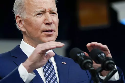 President Joe Biden speaks about his administration's plans to combat rising gas prices in the South Court Auditorium on the White House campus, Thursday, March 31, 2022, in Washington. (AP Photo/Patrick Semansky)