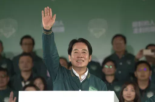 Taiwanese Vice President Lai Ching-te, also known as William Lai celebrates his victory after Taiwan's presidential election, in Taipei, Taiwan, Saturday, Jan. 13, 2024. Lai Ching-te is set to take office as Taiwan's new president on May 20. Building on the legacy of incumbent president Tsai, Ing-wen means aiming to strike a balance between cultivating Taiwan's unofficial alliance with the United States, and maintaining peace with China, which claims Taiwan as its own territory, to be retaken by