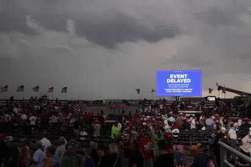 Supporters of former President Donald Trump file out of the rally after it was canceled due to threatening weather in Wilmington, N.C., Saturday, April 20, 2024. (AP Photo/Chris Seward)