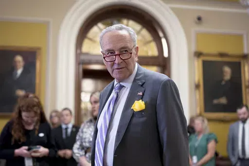 Senate Majority Leader Chuck Schumer, D-N.Y., pauses before talking with reporters after a meeting with fellow Democrats, at the Capitol in Washington, Tuesday, June 4, 2024. Senate Democrats are holding a vote to move forward with legislation designed to protect women’s access to contraception. The test vote on Wednesday comes as the Senate has abandoned hopes for doing serious bipartisan legislation before the election and as Senate Majority Leader Chuck Schumer and Democrats are trying to i
