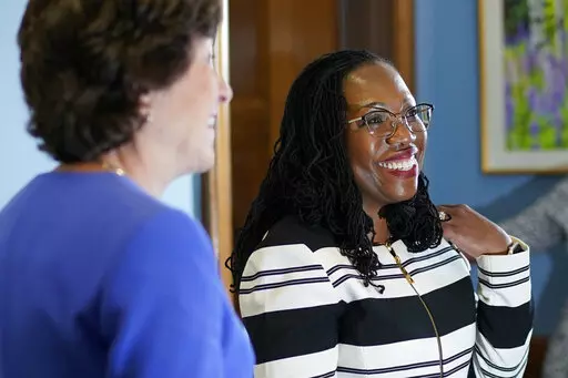 Supreme Court nominee Ketanji Brown Jackson meets with Sen. Susan Collins, R-Maine, on Capitol Hill in Tuesday, March 8, 2022. (AP Photo/Carolyn Kaster, File)