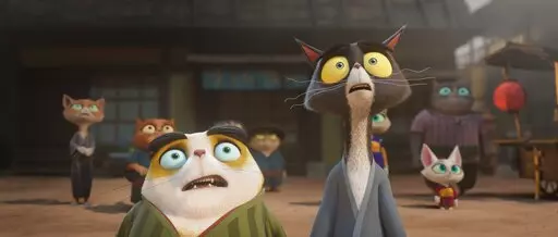 This image released by Paramount Pictures shows characters Chuck, voiced by Gabriel Iglesias, left, and Ichiro, voiced by Aasif Mandvi in a scene from "Paws of Fury: The Legend of Hank." (Paramount Pictures via AP)