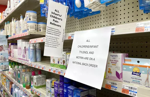 A sign is placed near the section for children's medicine, Sunday, Dec. 18, 2022 at a CVS in Greenlawn, N.Y. Caring for a sick child has become even more stressful than usual for many U.S. parents in recent weeks due to shortages of Children’s Tylenol and other medicines. (AP Photo/Leon Keith)