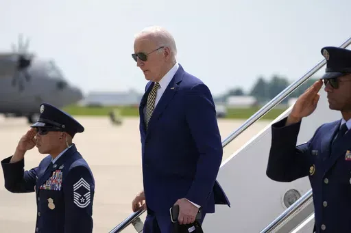President Joe Biden arrives on Air Force One at Delaware Air National Guard Base in New Castle, Del., Saturday, May 25, 2024. (AP Photo/Alex Brandon)