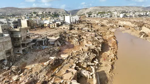A general view of the city of Derna is seen on Sept. 12., 2023. For years, experts warned that floods pose significant danger to dams protecting nearly 90,000 people in northeast of Libya, repeatedly calling for immediate maintenance to the two structures outside the city of Derna. But successive governments in the divided and chaos-stricken North African nation did not heed their advice. (AP Photo/Jamal Alkomaty, File)