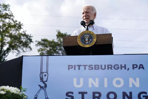 President Joe Biden speaks at a United Steelworkers of America Local Union 2227 event in West Mifflin, Pa., Monday, Sept. 5, 2022, to honor workers on Labor Day. (AP Photo/Susan Walsh)