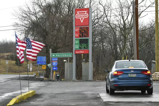 The price of regular gas at the Conoco station off I-81 near Mahanoy City, Pa., was $4.09 on Sunday morning, March 6, 2022. The station is right off of the 1-81 exit. (Jacqueline Dormer/Republican-Herald via AP)