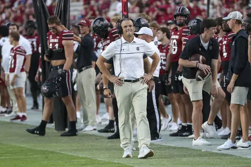 South Carolina head coach Shane Beamer reacts after his offensive momentum is slowed down by another Mississippi injury during the second half of an NCAA college football game Saturday, Oct. 5, 2024, in Columbia, S.C. (AP Photo/Artie Walker Jr.)
