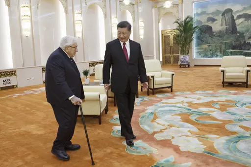 Chinese President Xi Jinping, right, meets with former U.S. Secretary of State Henry Kissinger at the Great Hall of the People in Beijing, China, Thursday, Nov. 8, 2018. Official China called Kissinger “an old friend.” A commentator likened him to a giant panda, a goodwill ambassador between two countries that have been more often at odds over the decades than not. Kissinger, who died Wednesday, Nov. 29, 2023, developed a special relationship with China in the second half of his 100-year-lon