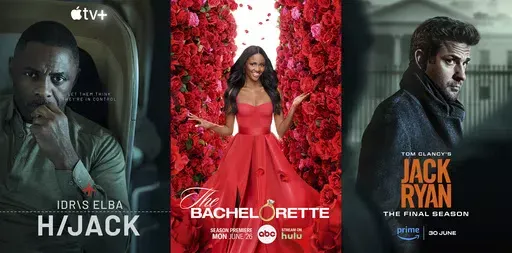 This combination of images shows promotional art for the Apple TV+ series "Hijack," left, the ABC romance reality series "The Bachelorette," center, and the Amazon Prime series "Jack Ryan." (Apple TV+/ABC/Amazon Prime via AP)