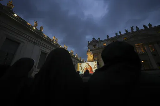Nuns attend a Rosary prayer for Pope Francis, in St. Peter's Square at the Vatican, Monday, March 10, 2025. (AP Photo/Andrew Medichini)