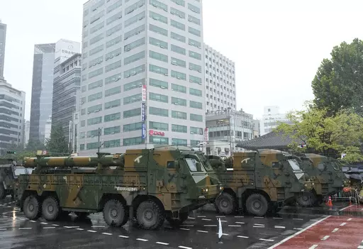 South Korea's "Hyunmoo" missiles are carried in a parade during the 75th South Korea Armed Forces Day ceremony in Seoul, South Korea, Tuesday, Sept. 26, 2023. South Korea's president vowed to retaliate immediately against any potential provocations by North Korea in his Armed Forces Day speech Tuesday, as thousands of troops prepared to march through the capital in the country's first such military parade in 10 years. (AP Photo/Ahn Young-joon)