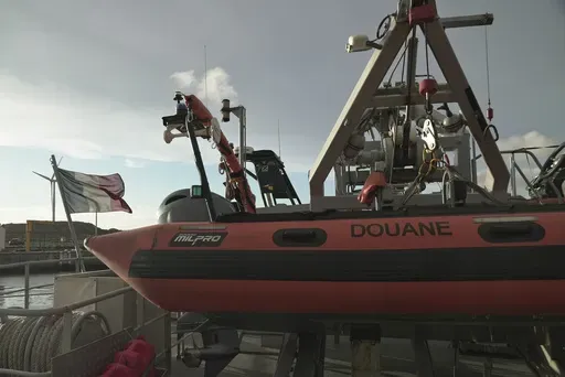 A view of one of the vessels from the French Gendarmerie Nationale in the port of Boulogne-Sur-Mer, France, Tuesday, Sept. 3, 2024, after participating in the rescue operation after a boat carrying migrants ripped apart attempting to cross the English Channel. (AP Photo/Nicolas Garriga, File)