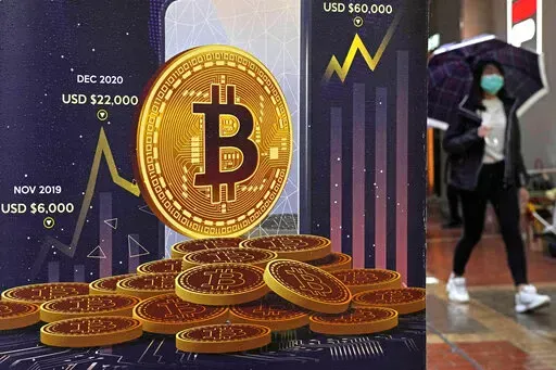 An advertisement for Bitcoin cryptocurrency is displayed on a street in Hong Kong, Thursday, Feb. 17, 2022. It’s been a wild week in crypto, even by crypto standards. Bitcoin tumbled, stablecoins were anything but stable and one of the crypto industry’s highest-profile companies lost a third of its market value. (AP Photo/Kin Cheung, File)