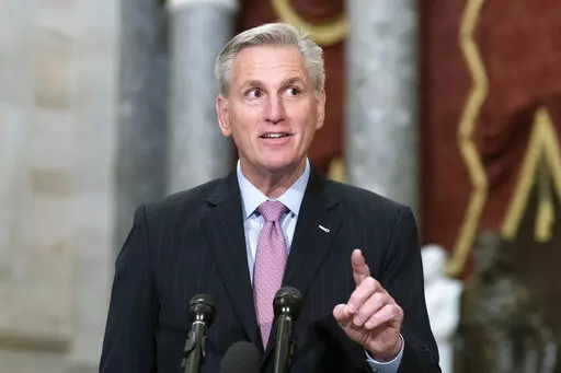 Speaker of the House Kevin McCarthy, R-Calif., speaks during a news conference in Statuary Hall at the Capitol in Washington, Thursday, Jan. 12, 2023. McCarthy rounded his first full week as House speaker in the most outwardly orderly way. There was hardly a hint of the chaotic, rebellious fight it took for the Republicans to arrive here, having barely installed him as the leader with the gavel. (AP Photo/Jose Luis Magana)