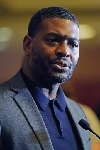 EPA Administrator Michael S. Regan, speaks with reporters about the efforts underway to deliver a sustainable water system for Jackson, Miss., residents on Tuesday, Nov. 15, 2022, at Jackson State University in Jackson, Miss. (AP Photo/Rogelio V. Solis)