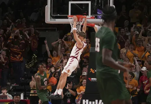 Iowa State's Nojus Indrusautis dunks the ball against Mississippi Valley State during the first half of an NCAA college basketball game, Monday, Nov. 4, 2024, in Ames, Iowa. (AP Photo/Bryon Houlgrave)