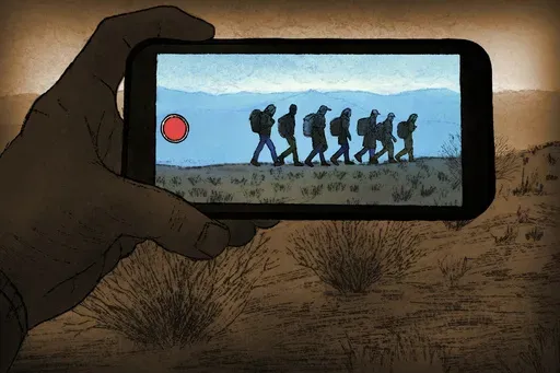 A depiction of a smuggler videoing migrants walking through the desert for later posting on social media based on hundreds of TikTok videos reviewed by the AP. (AP Illustration / Peter Hamlin)