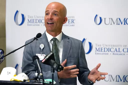 Dr. Alan Jones, associate vice chancellor for clinical affairs and COVID-19 clinical response leader at the University of Mississippi Medical School, speaks during a news conference in Jackson, Miss., July 16, 2021. The governing board for Mississippi's public universities voted Thursday, Jan. 19, 2023, to give UMMC permission to operate a center to care for burn patients, months after another hospital closed the only burn center in the state. (AP Photo/Rogelio V. Solis, File)
