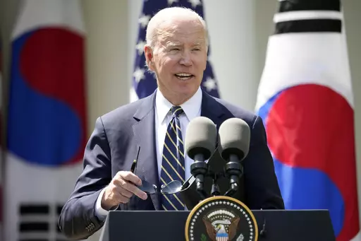 President Joe Biden speaks during a news conference with South Korea's President Yoon Suk Yeol in the Rose Garden of the White House Wednesday, April 26, 2023, in Washington. (AP Photo/Andrew Harnik)