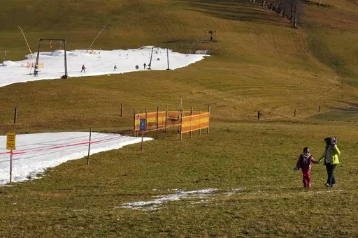 People walk across a slope in Filzmoos, Austria, on Jan. 6, 2023. Europe has dodged an energy apocalypse this winter, economists and officials say, thanks to unusually warm weather and efforts to find other sources of natural gas after Russia cut off most of its supply to the continent. (AP Photo/Matthias Schrader, File)