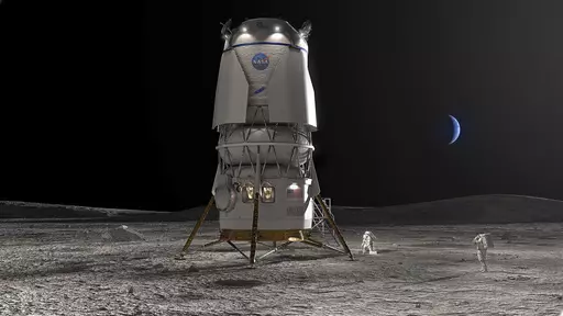 This image provided by Blue Origin shows the Blue Moon lander. Jeff Bezos' Blue Origin received a $3.4 billion contract Friday, May 19, 2023, to develop a lunar lander named Blue Moon. It will be used to transport astronauts to the lunar surface as early as 2029. (Blue Origin via AP)