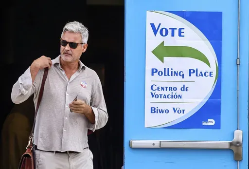 A voter exits the polling station on Election Day at the Little Haiti Cultural Complex's Caribbean Marketplace in Miami's Little Haiti neighborhood on Tuesday, Nov. 5, 2024. (Carl Juste/Miami Herald via AP)