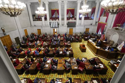 The Tennessee House of Representatives meets Wednesday, Oct. 27, 2021, in Nashville, Tenn.  A lawsuit backed by the Tennessee Democratic Party seeks to block new redistricting maps for the state House and Senate, arguing Republican lawmakers who drew the maps violated the state Constitution to keep a firm grip on their partisan advantages. (AP Photo/Mark Humphrey, File)
