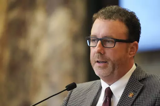 Mississippi Sen. David Parker, R-Olive Branch, speaks during a debate at the state Capitol, Feb. 7, 2023, in Jackson, Miss. For the second year in a row, the Mississippi Senate has passed a bill that would transfer control of the state capital's troubled water system to a regional board. Parker introduced a slightly modified version of the bill after it died in the House last session. (AP Photo/Rogelio V. Solis, File)
