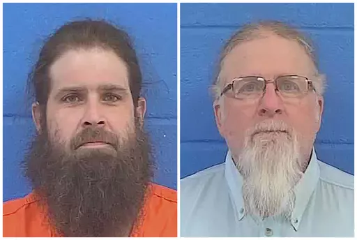 This combination of booking photos provided by Lincoln County, Miss., Sheriff's Department show Brandon Case, left, and his father, Gregory Charles Case, on Feb. 1, 2022. On Monday, May 8, 2023, a Mississippi judge set an August trial date for the men, who are accused of chasing and firing shots at the delivery vehicle driven by D'Monterrio Gibson in January 2022 near Brookhaven, Miss. (Lincoln County Sheriff's Department via AP, File)