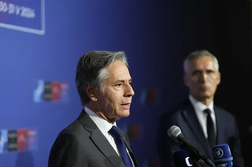 United States Secretary of State Antony Blinken, left, and NATO Secretary General Jens Stoltenberg speak with the media prior to a meeting of NATO foreign ministers at the Czernin Palace, in Prague, Friday, May 31, 2024. (AP Photo/Petr David Josek, Pool)