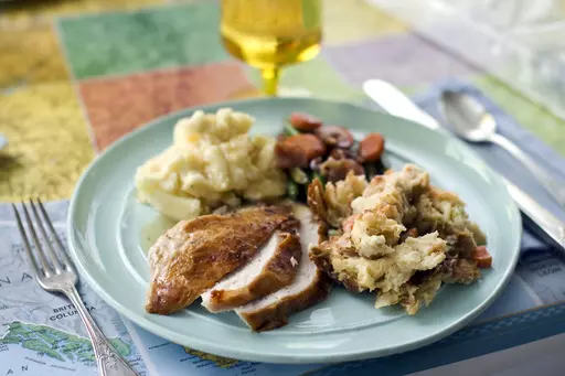 A plate of roasted turkey and gravy, stuffing, mashed potatoes, and glazed carrots appears in Concord, N.H., on Oct. 2, 2012. The Associated Press-NORC Center for Public Affairs Research looks at the state of the country's Thanksgiving favorites. (AP Photo/Matthew Mead, File)