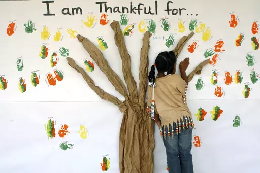 A student places her handprint along with those of other students at a primary school in Lufkin, Texas on Tuesday, Nov. 22, 2005. (Joel Andrews/The Daily News via AP, File)