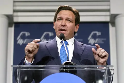 Florida Gov. Ron DeSantis speaks at an annual leadership meeting of the Republican Jewish Coalition on Nov. 19, 2022, in Las Vegas. DeSantis reiterated Monday, Jan. 23, 2023, that the state's rejection of a proposed nationwide advanced African American studies course, saying it pushes a political agenda — something three authors cited in the state's criticism accused him of doing in return. (AP Photo/John Locher, File)