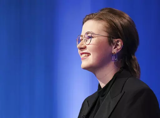 This image released by Sony Pictures Television shows Mattea Roach, a 23-year-old Canadian contestant on the game show "Jeopardy!" (Tyler Golden/Sony Pictures Television via AP)