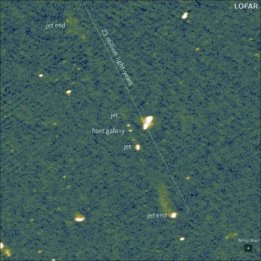 This undated image provided by Caltech, taken by Europe's LOFAR (LOw Frequency ARray) radio telescope, shows the longest known pair of black hole jets, as reported Wednesday, Sept. 18, 2024, in the journal Nature. (LOFAR Collaboration/Martijn Oei/Caltech via AP)