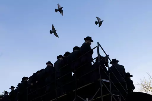 Pigeons fly above rabbis gathering for a group photo at the Chabad-Lubavitch World Headquarters, Sunday, Nov. 4, 2018, in New York. The synagogue in New York's Brooklyn borough is closely tied with Rabbi Menachem Mendel Schneerson's enduring influence in global Judaism and beyond in the three decades since his death, but it received unwanted attention in January 2024 with a brawl between some worshippers and police, part of a sequence of events that began with the discovery of a secretly dug tun
