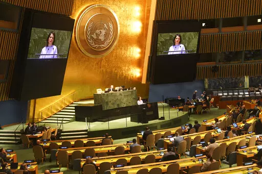 Germany's foreign minister Annalena Baerbock address the United Nations General Assembly before a vote for a U.N. resolution upholding Ukraine's territorial integrity and calling for a cessation of hostilities after Russia's invasion, Thursday Feb. 23, 2023 at U.N. headquarters. (AP Photo/Bebeto Matthews)