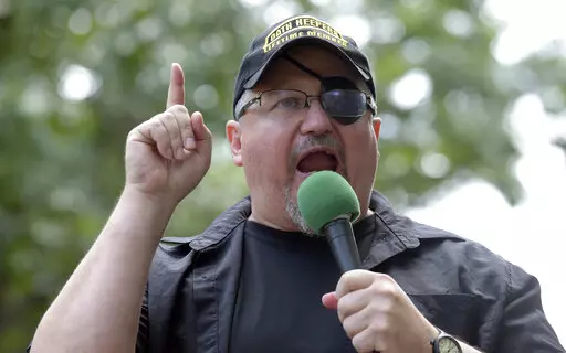 Stewart Rhodes, founder of the Oath Keepers, speaks during a rally outside the White House in Washington, June 25, 2017. A member of the Oath Keepers who traveled to Washington before the Jan. 6 attack at the U.S. Capitol testified during the seditious conspiracy case against Oath Keepers founder Stewart Rhodes and four associates on Wednesday, Oct. 12, 2022, about a massive cache of weapons the far-right extremist group stashed in a Virginia hotel room. (AP Photo/Susan Walsh, File)