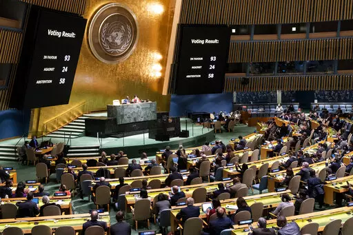 A completed resolution vote tally to affirm the suspension of the Russian Federation from the United Nations Human Rights Council is displayed during a meeting of the United Nations General Assembly, Thursday, April 7, 2022, at United Nations headquarters.  UN General Assembly approved a resolution suspending Russia from the world body's leading human rights organization. (AP Photo/John Minchillo)